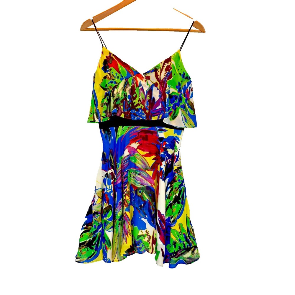 Milly 100% Silk Tropical Print Flirty Mini Dress Sz 2 Summer Vacay Resort Cruise